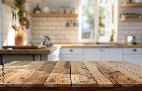 Wooden table with blurred background There are kitchen elements and greenery visible through the windows. It is ideal as a neutral backdrop for product display.