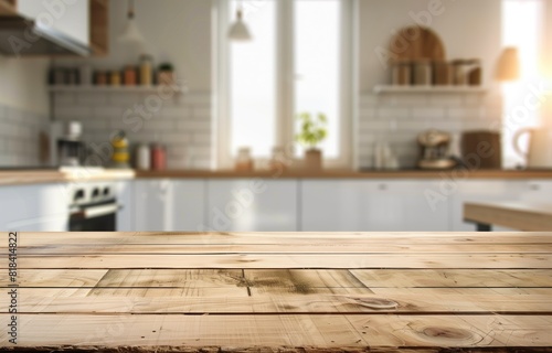 Wood table top on blur kitchen counter  room  background.