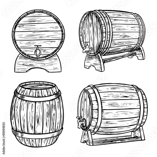 Vector wooden barrel. Hand drawn vintage illustration in engraved style. Alcohol, wine, beer or whiskey old wood keg. Great for pub or restaurant menu, label, poster, logo.