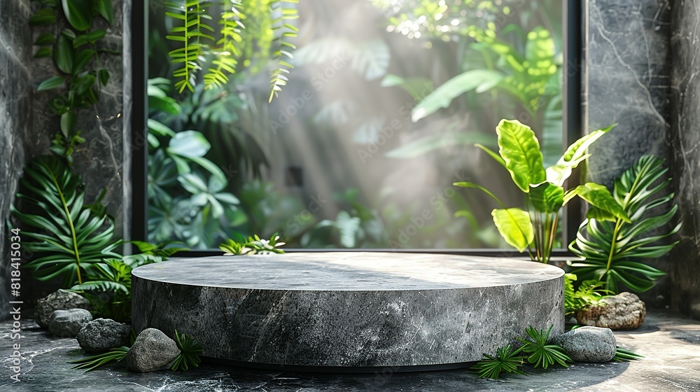Round gray stone cosmetics product advertising podium stand with tropical leaves background. Empty natural stone pedestal platform to display beauty product. Mockup Round gray stone cosmetics product advertising podium stand with tropical leaves background. Empty natural stone pedestal platform to display beauty product. Mockup
