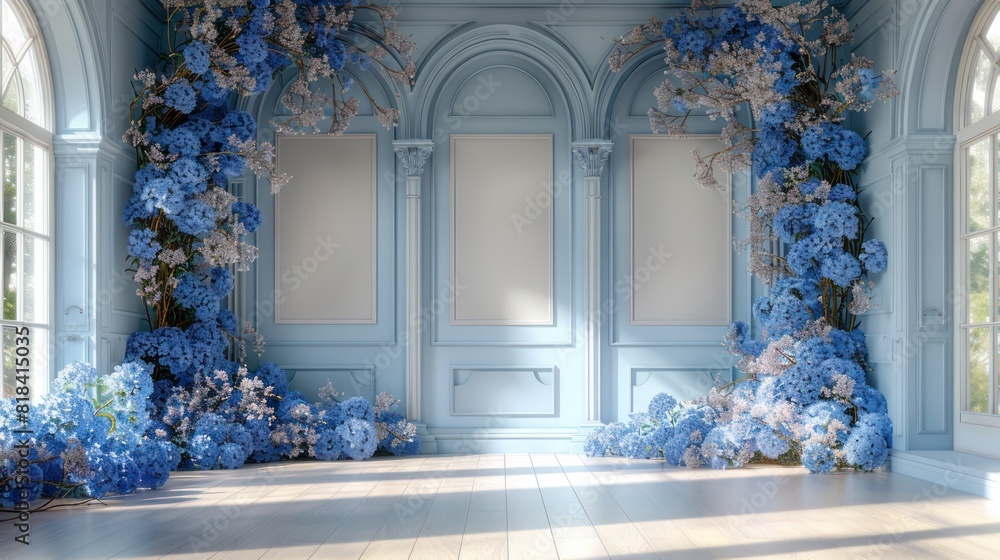 Minimalist wedding interior with blank posters and beautiful blue flowers on the walls Minimalist wedding interior with blank posters and beautiful blue flowers on the walls