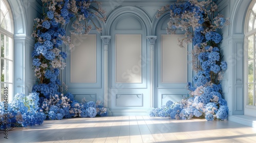 Minimalist wedding interior with blank posters and beautiful blue flowers on the walls