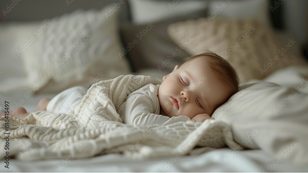 Peaceful baby lying on a bed and sleeping at home Peaceful baby lying on a bed and sleeping at home
