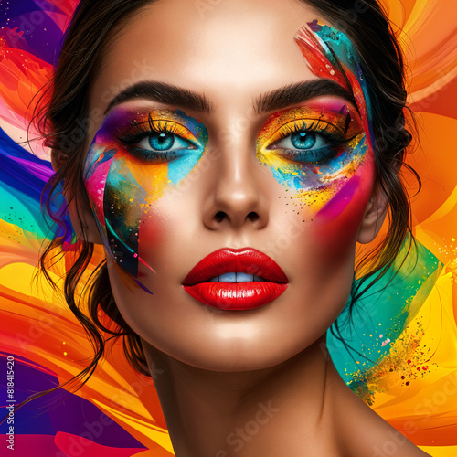 A woman with vibrant, colorful makeup on her face and lips, set against a backdrop of brightly colored abstract shapes.