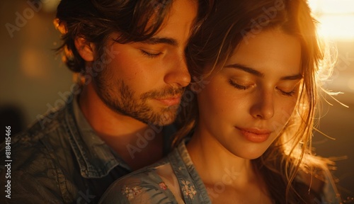 Strength and Support: A photorealistic image of a woman in labor, eyes closed and determined, leaning on her partner's shoulder for support. Soft light bathes the room, creating a sense of intimacy