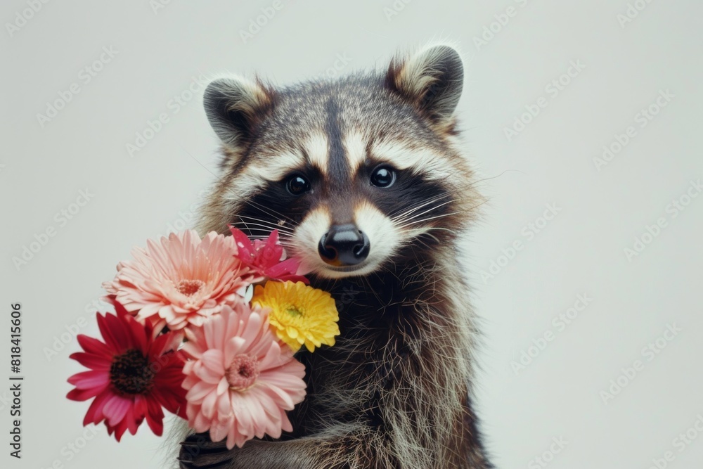 Obraz premium Raccoon with a bouquet of flowers