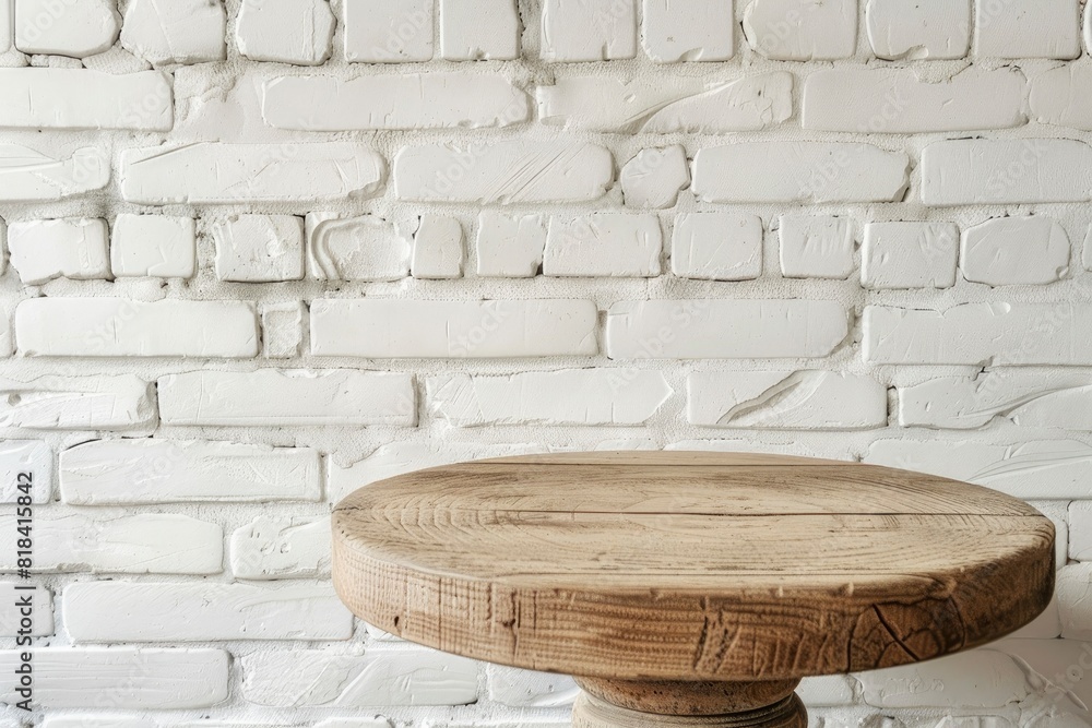 Empty wooden pedestal on kitchen table before white brick wall - generative ai Empty wooden pedestal on kitchen table before white brick wall - generative ai