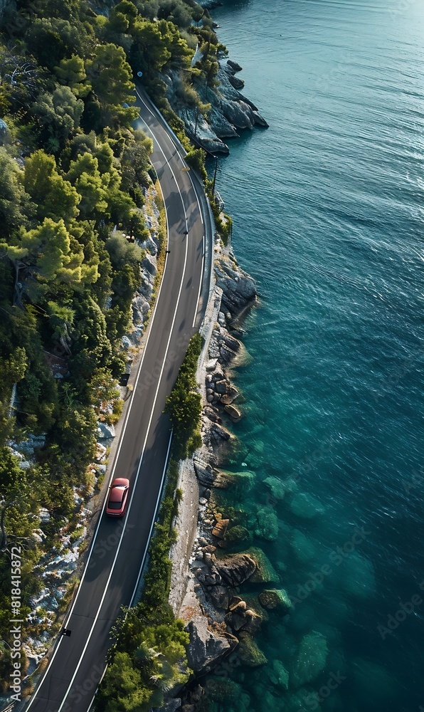 Aerial view of the road on the cliff with a car driving