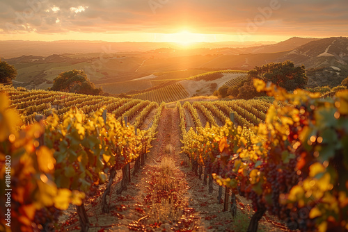 A picturesque vineyard with rows of lush grapevines stretching across rolling hills  basking in the golden glow of the setting sun. Concept of rustic beauty and viticulture. Generative Ai.