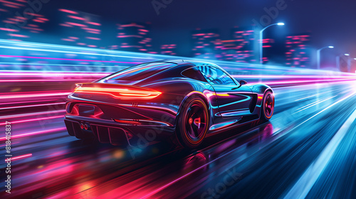 fast moving futuristic car with neon light