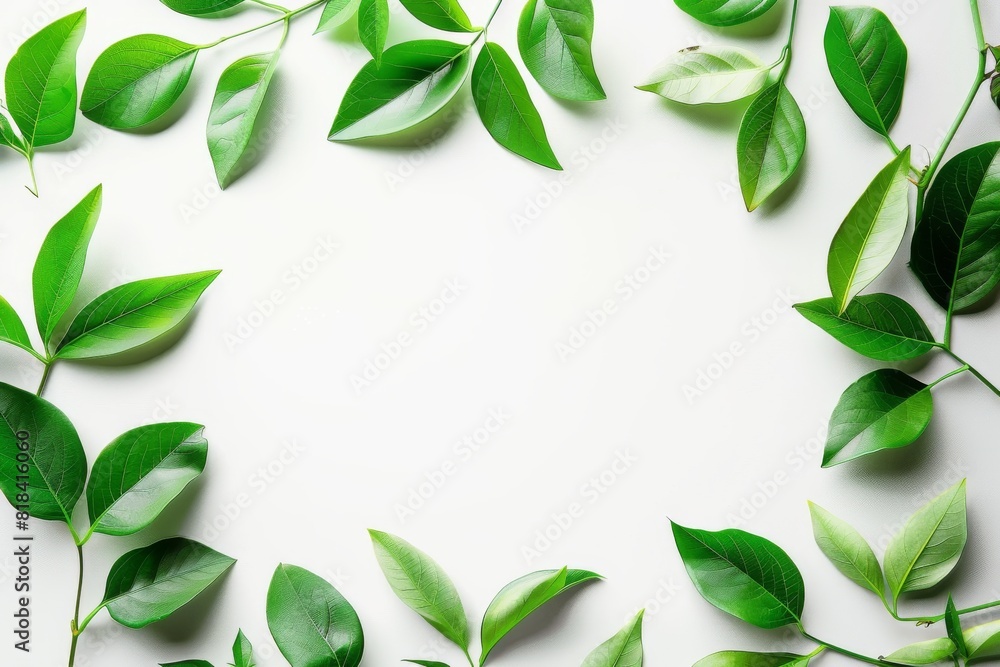 Green leaves creating a border on a white background. Green leaves creating a border on a white background.