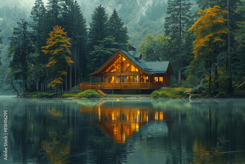 A serene lakeside cabin nestled among towering pine trees, its reflection mirrored in the glassy surface of the water. Concept of retreat and reflection. Generative Ai. © Sebastian
