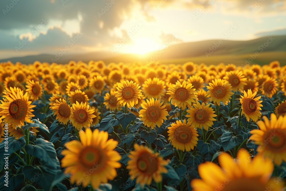 A sun-kissed field of sunflowers stretching towards the horizon, their golden petals swaying in the gentle breeze like dancers in a choreographed ballet.  Generative Ai.