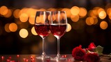 Two glasses of wine and a red rose on a blurred background