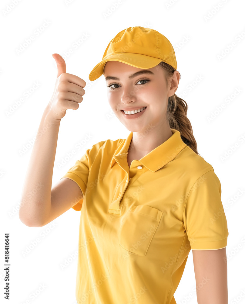 Gorgeous 18 year old Caucasian girl wearing her first job uniform wearing yellow polo shirt and cap, posing doing thumb up and smiling. Isolated over transparent background