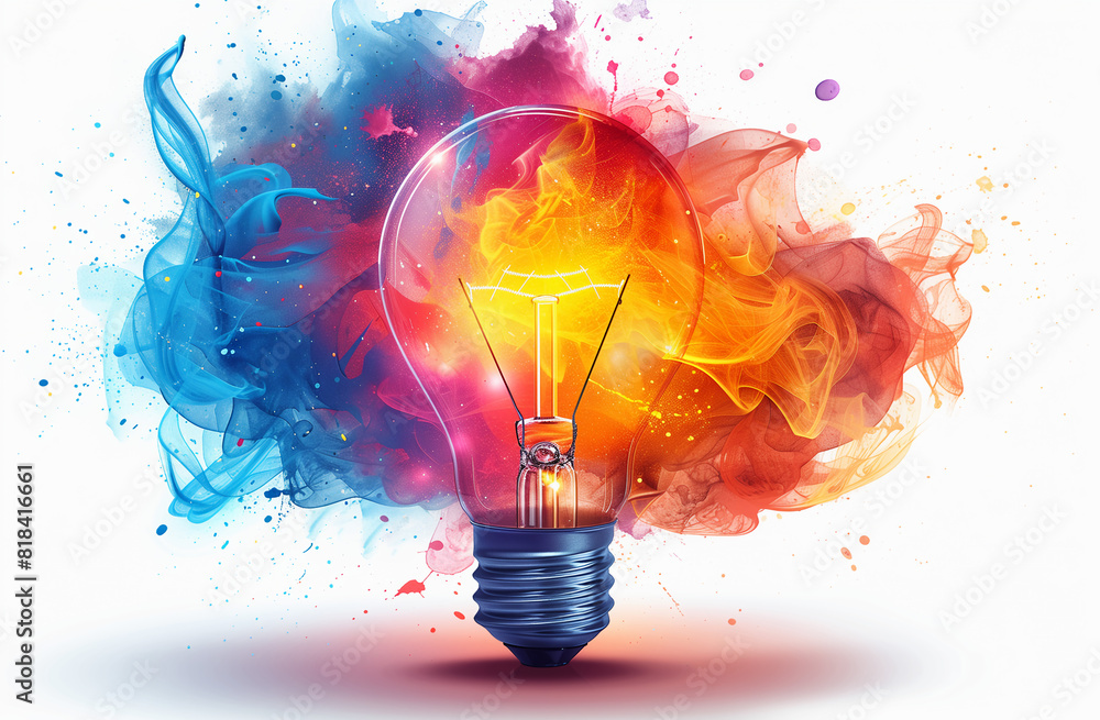 Abstract colorful light bulbs made of paint on a white background, creativity and inspiration concept, idea design Abstract colorful light bulbs made of paint on a white background, creativity and inspiration concept, idea design