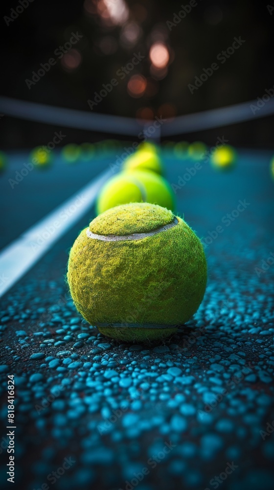 Bright neon colored tennis balls on a dark blue background with extreme depth of field. 