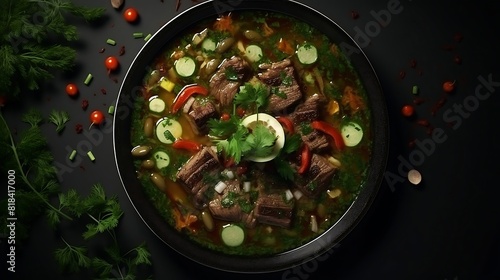 Beef soup with green peas, carrots and potatoes. Top view