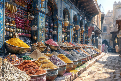 A vibrant street market bustling with activity, its stalls overflowing with exotic spices, textiles, and trinkets. Concept of cultural richness and diversity. Generative Ai.