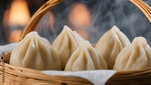 Chinese dumpling in a bamboo steamer box photo