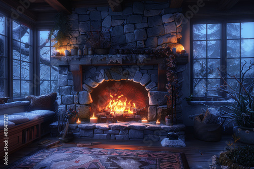 A cozy fireplace crackling with warmth on a cold winter s night  its flickering flames casting a comforting glow. Concept of cozy comfort and relaxation. Generative Ai.