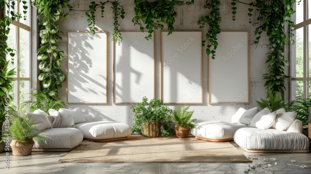 Minimalist wedding interior with blank posters and beautiful green flowers on the walls Minimalist wedding interior with blank posters and beautiful green flowers on the walls