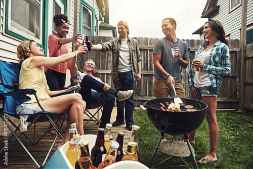 Photography Friends, cheers and beer in backyard with bbq for social event, party or celebration with talking in home