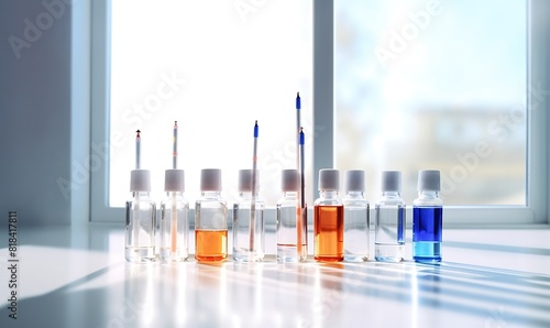 Vials with medication and syringe on white methacrylate table photo