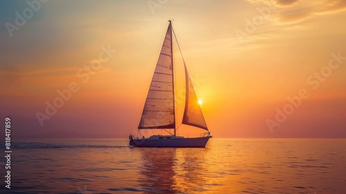 Lonely yacht with white sail in open sea at sunset