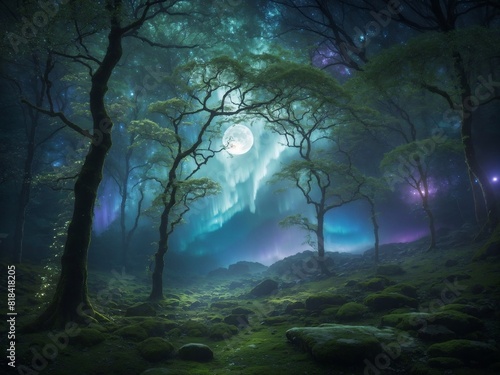  Lunar Whispers  Moonlit Forest with Mystical Aurora Veil 