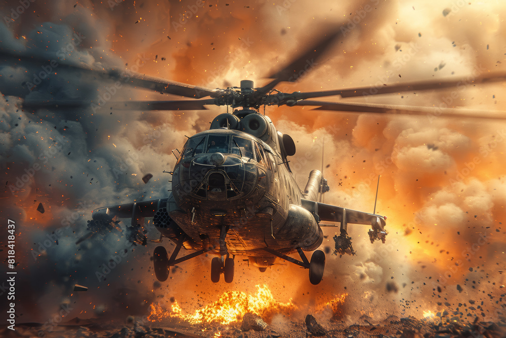 Tactical transport helicopter airlifting troops and supplies to remote ...
