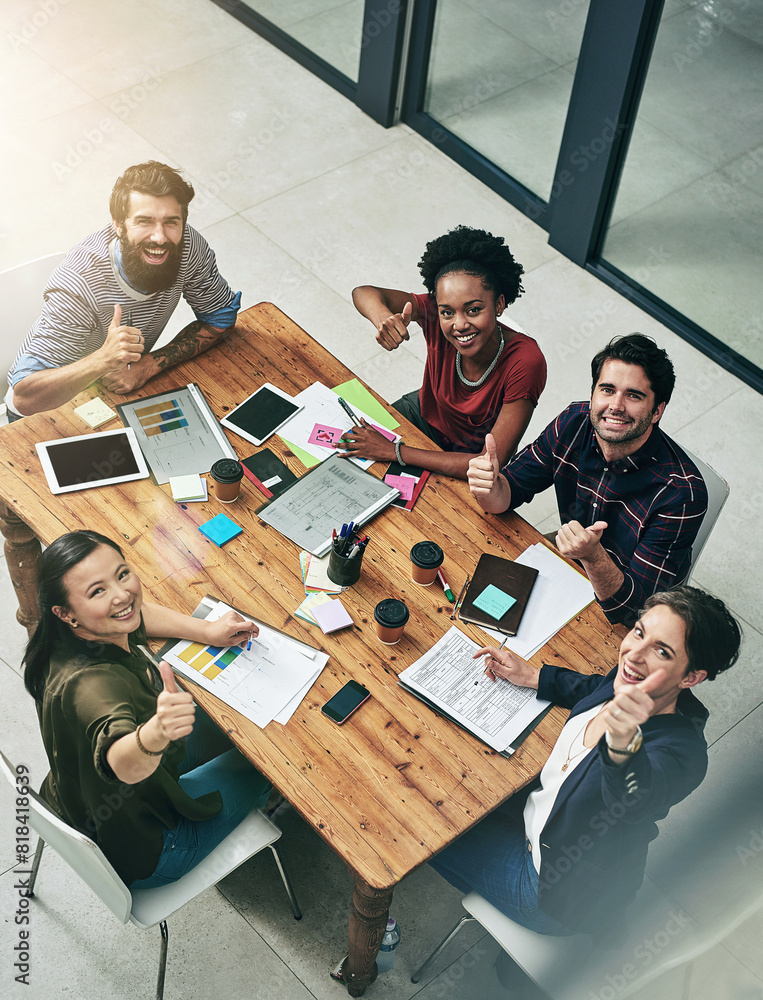 © peopleimages.com - Portrait of business people, thumbs up and documents in office for planning, subscription or goal. Above, lens flare and diverse staff with hand gesture for briefing, growth or graphs at publication © peopleimages.com - Portrait of business people, thumbs up and documents in office for planning, subscription or goal. Above, lens flare and diverse staff with hand gesture for briefing, growth or graphs at publication