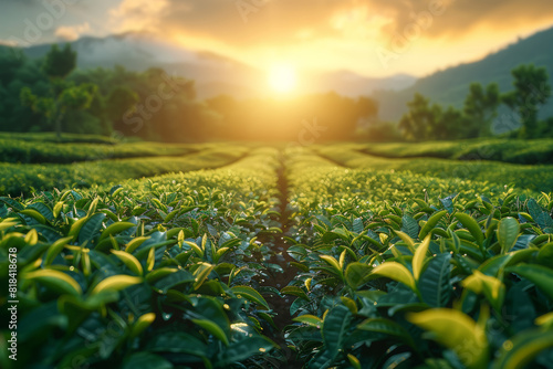 A tranquil tea garden bathed in golden sunlight, with rows of verdant bushes yielding fragrant leaves for brewing. Concept of nature and tea cultivation. Generative Ai. photo