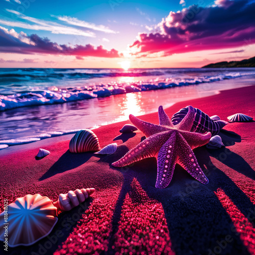 A serene beach scene at sunset, with a starfish and seashells on the sandy shore, and the ocean's waves gently lapping against the shoreline. photo