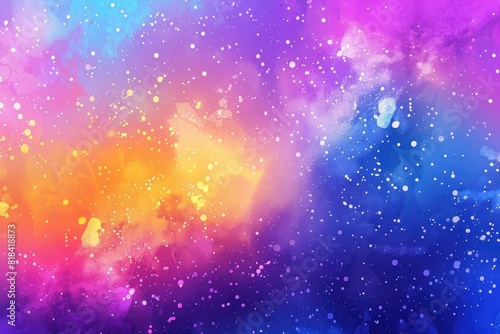 Abstract background with neon light, blurred splashes of paint and drops on the canvas. The colors purple, blue, turquoise, yellow, and orange are beautiful and bright.