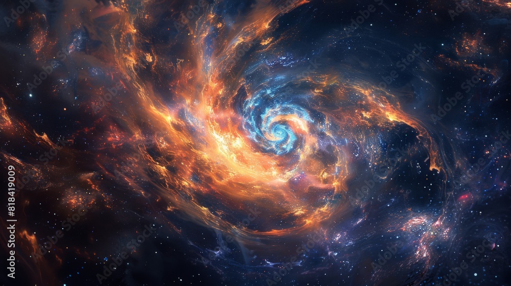 An artistic interpretation of a galaxy core, where the chaotic beauty of colliding stars and gravitational forces is captured in a moment of sublime tranquility. An artistic interpretation of a galaxy core, where the chaotic beauty of colliding stars and gravitational forces is captured in a moment of sublime tranquility.