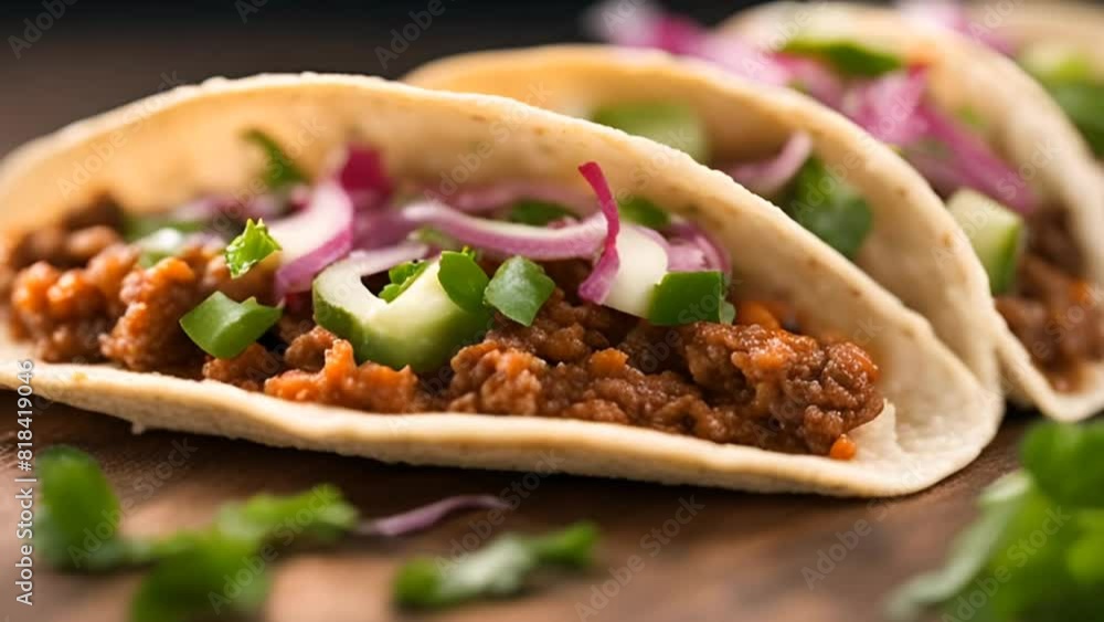 Mexican tacos with ground beef, vegetables and spices Mexican tacos with ground beef, vegetables and spices