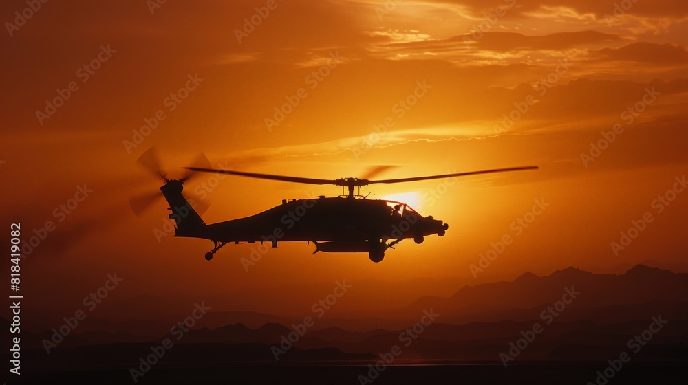 An artistic shot of the Apache's rotor blades cutting through the twilight sky, the helicopter's profile set against the backdrop of a sun sinking below the horizon An artistic shot of the Apache's rotor blades cutting through the twilight sky, the helicopter's profile set against the backdrop of a sun sinking below the horizon