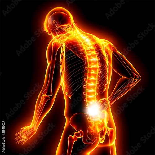 human body anatomy, man experiencing back pain glowing depiction of spine