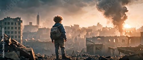 a disheveled and dirty child stands silently facing back in the ruins of a war-torn city, some buildings still burning and smoking, at dawn photo