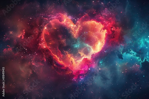 Abstract heart-shaped galaxy with colorful nebula and space background. Love concept for Valentine's Day card, poster or banner design