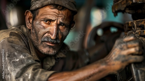 An up-close portrait of a seasoned worker  his hands worn yet skilled  meticulously operating machinery