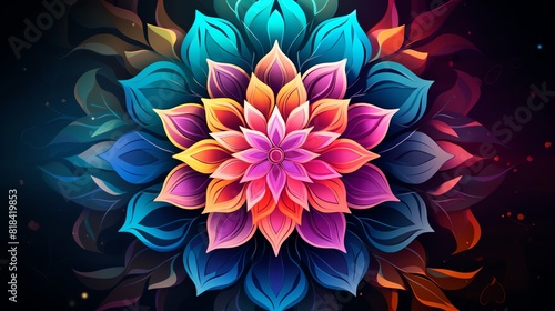 An abstract floral mandala with vibrant colors and intricate patterns. Perfect for meditation  relaxation  and as a unique piece of wall art.