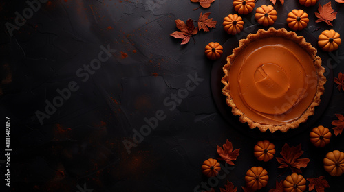 Flatlay Halloween fall pumpkin pie round cake with plain black leaf background for Thanksgiving party bakery cooking banner modern rustic boho decorating mock empty center for words  photo