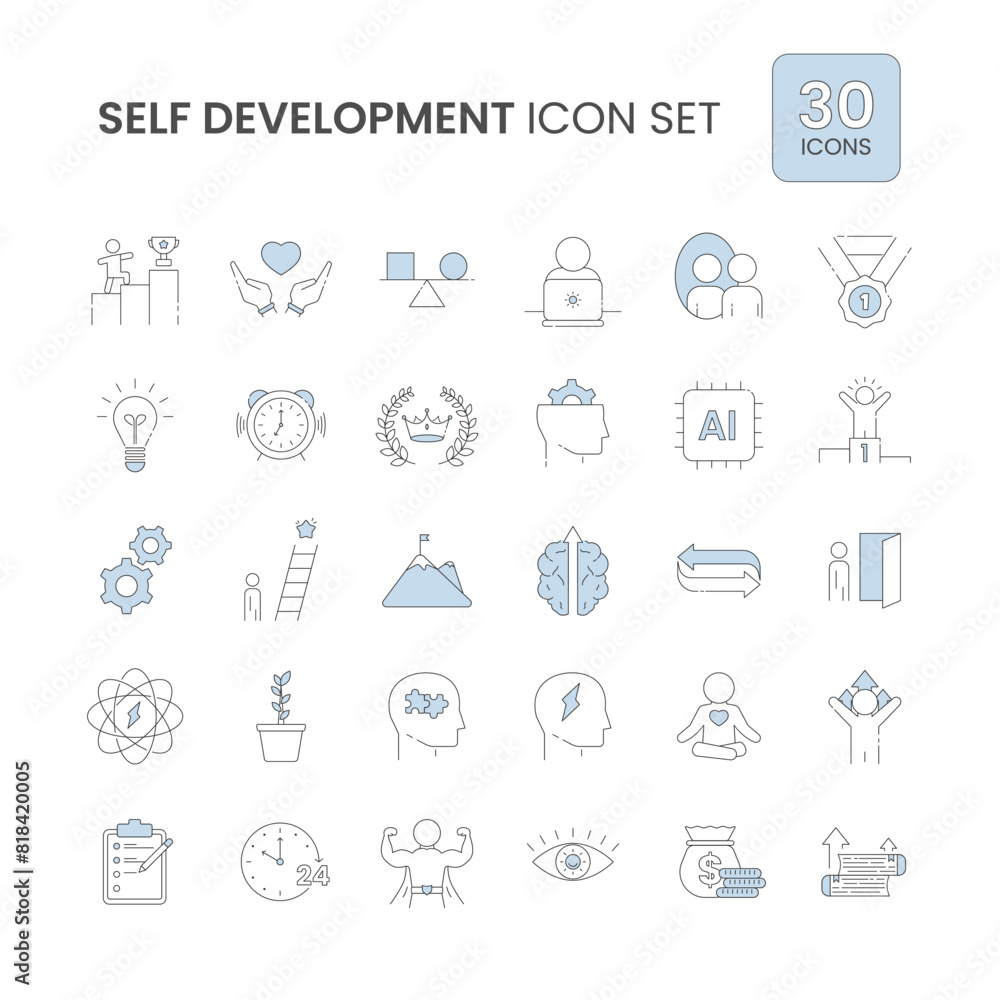 Vector set of linear icons related to personal growth, self development, qualities for success. Outline icon collection. Vector illustration