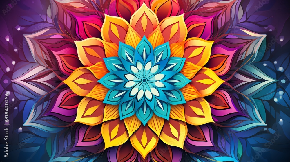 Create pattern of a mandala in the center with colorful, intricate patterns, and background be a deep blue. Create pattern of a mandala in the center with colorful, intricate patterns, and background be a deep blue.