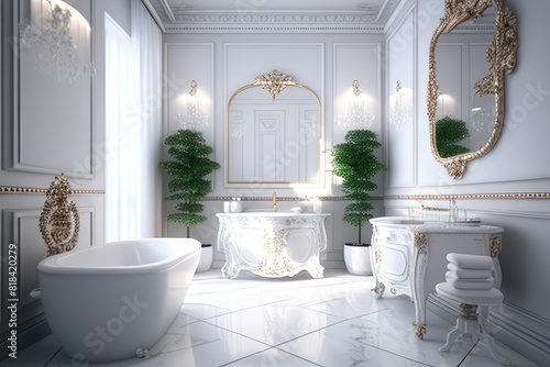 An elegant bathroom with white marble floors and walls  a large bathtub  and two sinks. The room is decorated with gold accents and crystal chandeliers. AIG51A.