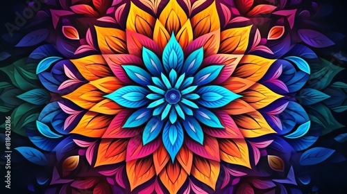 Create a seamless kaleidoscope pattern with bright and vivid colors. Pattern be symmetrical and have a floral motif. Colors be vibrant and saturated.