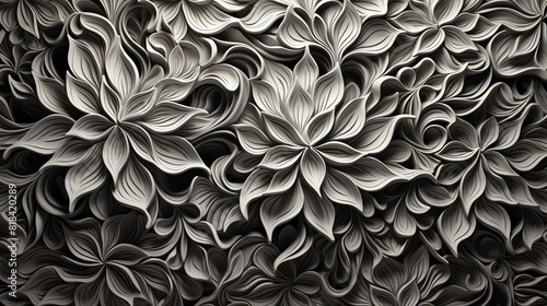 A grayscale floral pattern of leaves and flowers. The image is seamless and can be tiled to create a larger pattern. photo