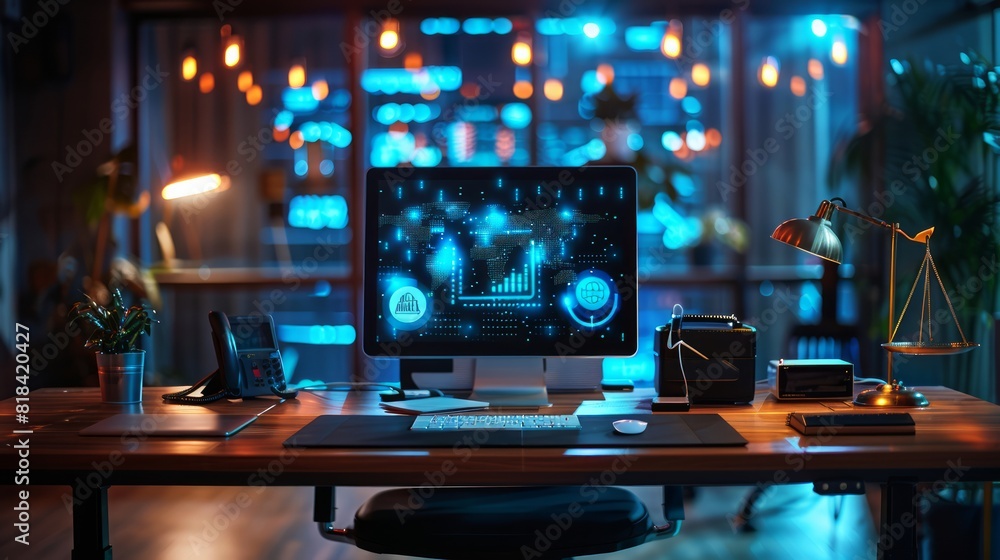 Lawyer's office setup with smart gadgets and legal icons, symbolizing the fusion of law and digital innovation. Lawyer's office setup with smart gadgets and legal icons, symbolizing the fusion of law and digital innovation.